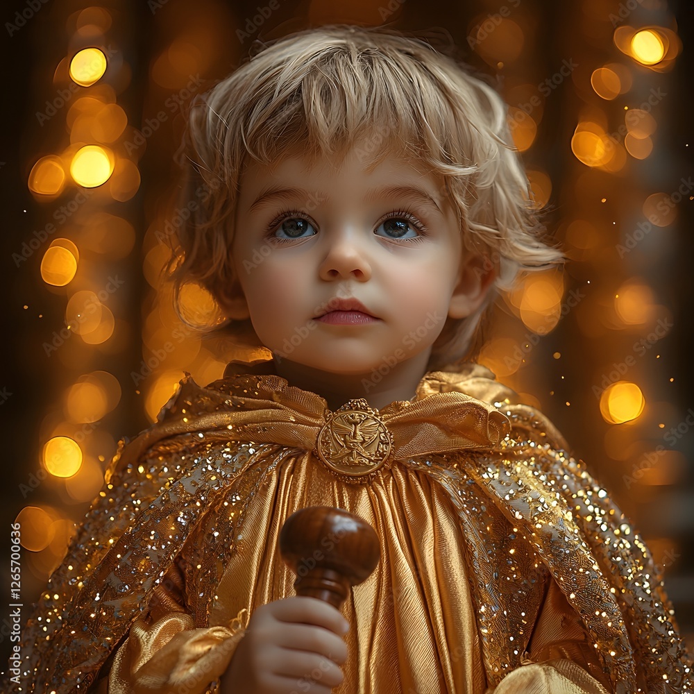 A Child Dressed as a Judge in a Grand Courtroom with Glowing Columns Symbolizing Justice A Child Dressed as a Judge in a Grand Courtroom with Glowing Columns Symbolizing Justice