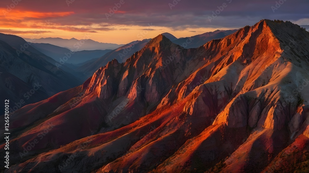 Fototapeta premium Majestic mountain peaks bask in the warm glow of a vibrant sunset
