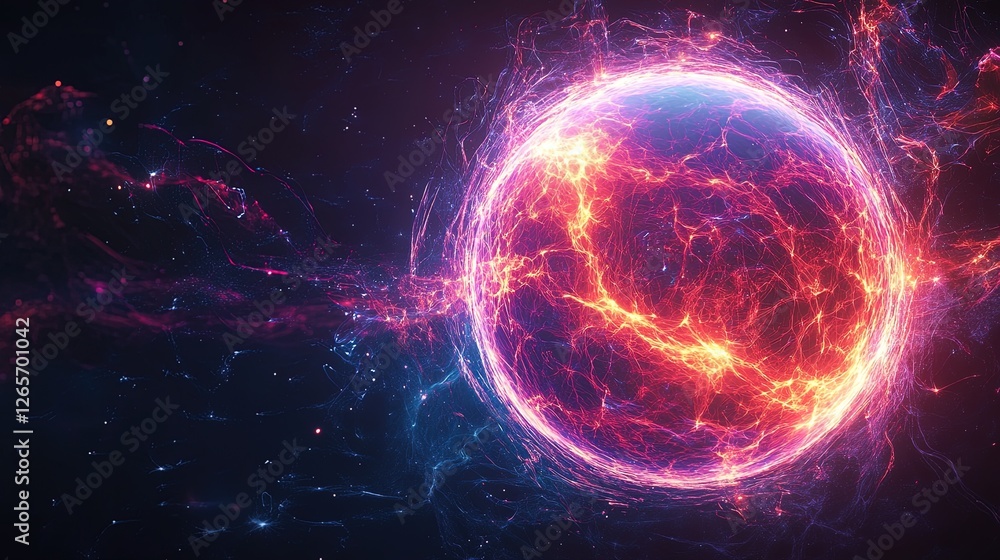 Obraz premium A pulsating energy sphere floating in the void, studied by robotic probes, luminous and intense