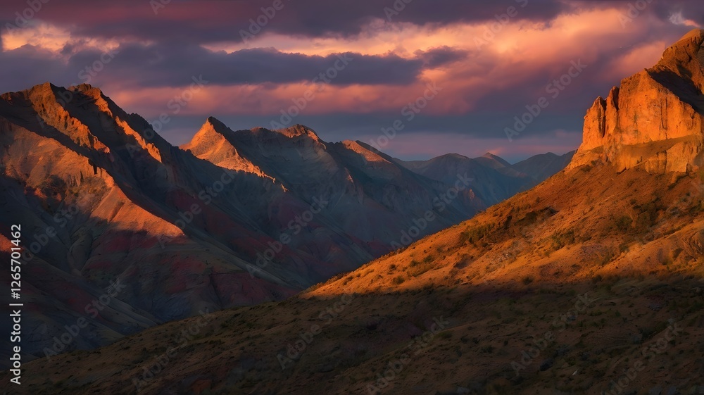 Fototapeta premium A vibrant sunset paints the rocky mountain landscape with hues of gold