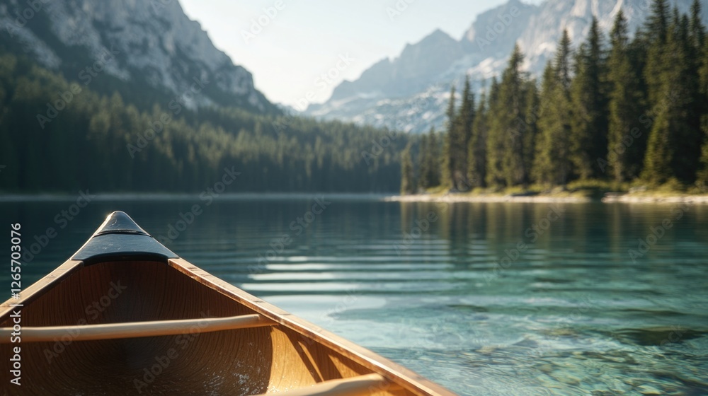 Fototapeta premium A serene scene of a canoe floating on a calm lake, surrounded by majestic mountains