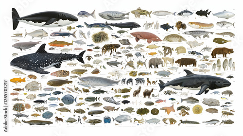 Diverse aquatic and terrestrial animals illustrated;  educational chart;  detailed species; white background; useful for science textbooks
