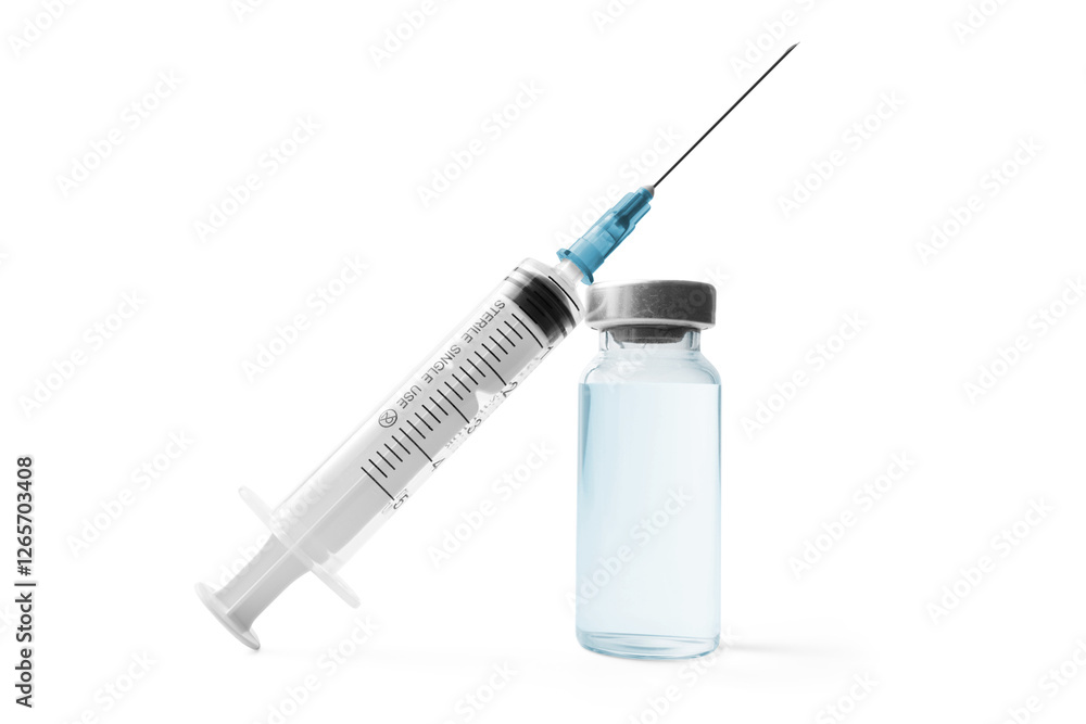 Medical syringe and glass vial with a metal cap filled with liquid medication or vaccine, antibiotic ampoule isolated on a transparent background Medical syringe and glass vial with a metal cap filled with liquid medication or vaccine, antibiotic ampoule isolated on a transparent background