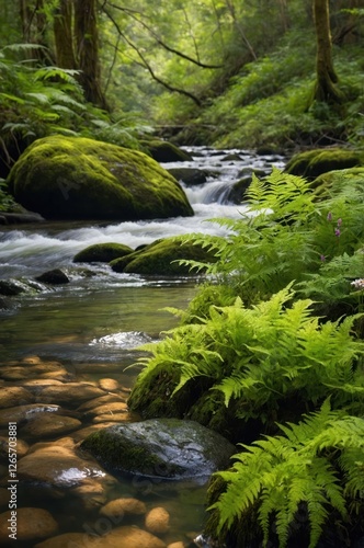 A serene forest scene featuring a flowing stream, moss-covered rocks, and lush ferns.