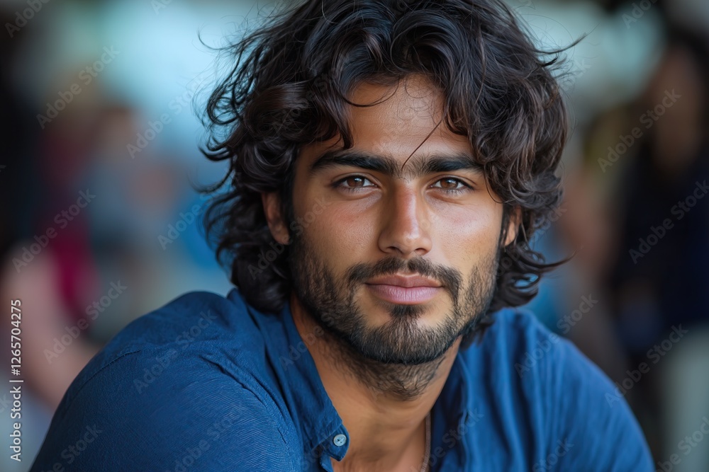 Portrait of handsome Indian man with dark wavy hair and light beard wearing blue shirt in casual setting with soft background Portrait of handsome Indian man with dark wavy hair and light beard wearing blue shirt in casual setting with soft background