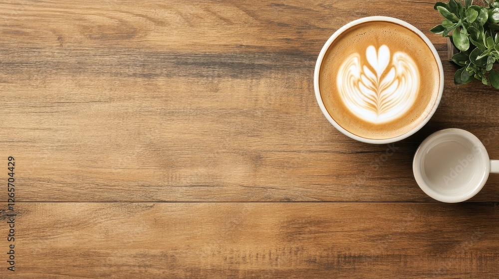 A cozy coffee scene featuring a latte with a heart design, accompanied by a small cup and greenery, set on a rustic wooden table. A cozy coffee scene featuring a latte with a heart design, accompanied by a small cup and greenery, set on a rustic wooden table.