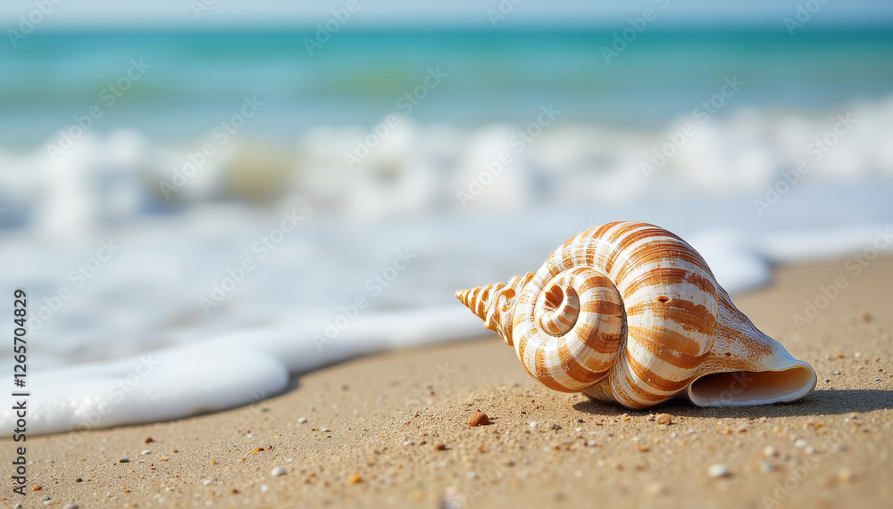 Spiral seashell on sandy shore with gentle sea foam, peace symbolism Spiral seashell on sandy shore with gentle sea foam, peace symbolism