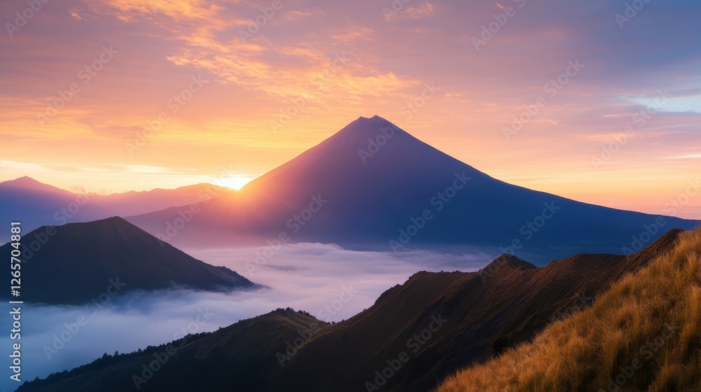 A stunning sunrise view over a majestic mountain range, with vibrant colors illuminating the clouds and valleys below. A stunning sunrise view over a majestic mountain range, with vibrant colors illuminating the clouds and valleys below.