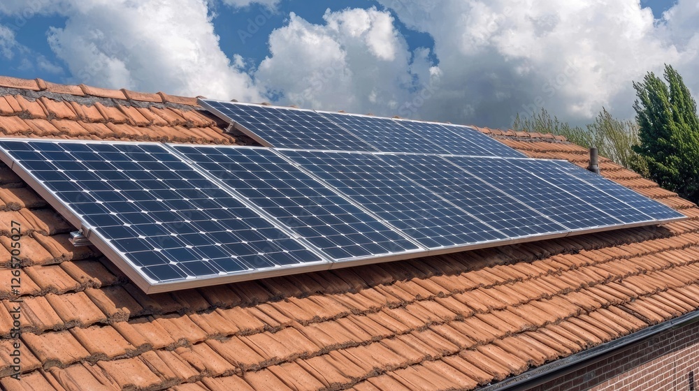 Solar panels on tiled roof, sunny day, energy (5) Solar panels on tiled roof, sunny day, energy (5)