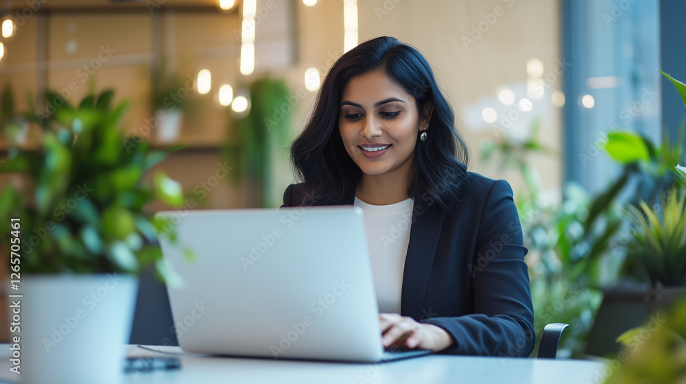 An Indian customer support representative sitting at a desk, using a laptop to handle customer service tickets and resolve issues. Her attentive approach ensures customers receive An Indian customer support representative sitting at a desk, using a laptop to handle customer service tickets and resolve issues. Her attentive approach ensures customers receive