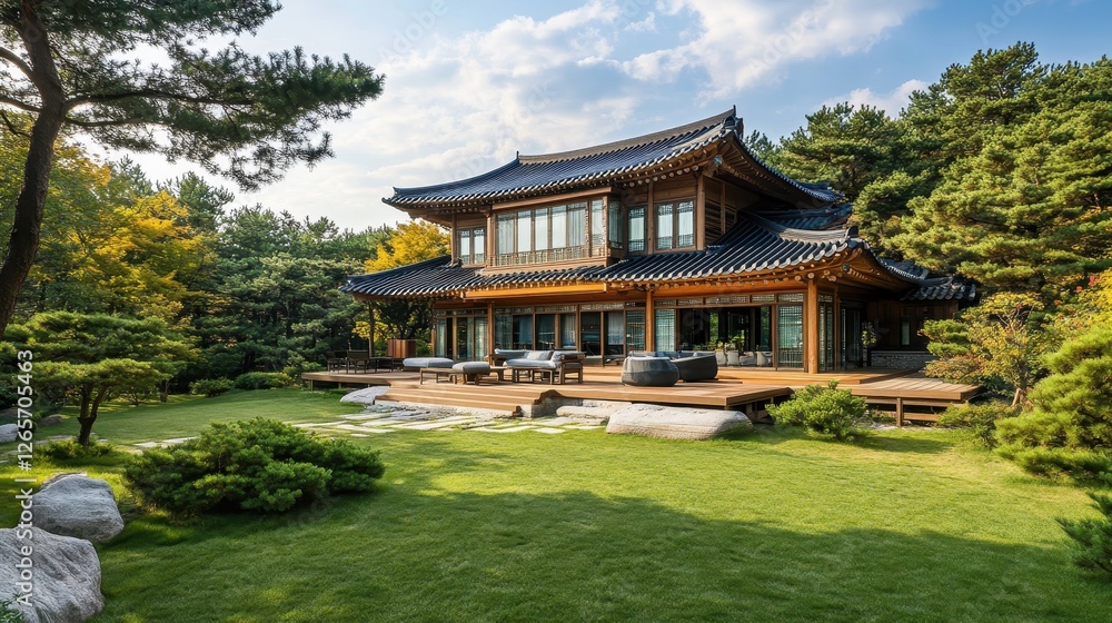 Beautiful traditional Korean house surrounded by lush green landscape Beautiful traditional Korean house surrounded by lush green landscape