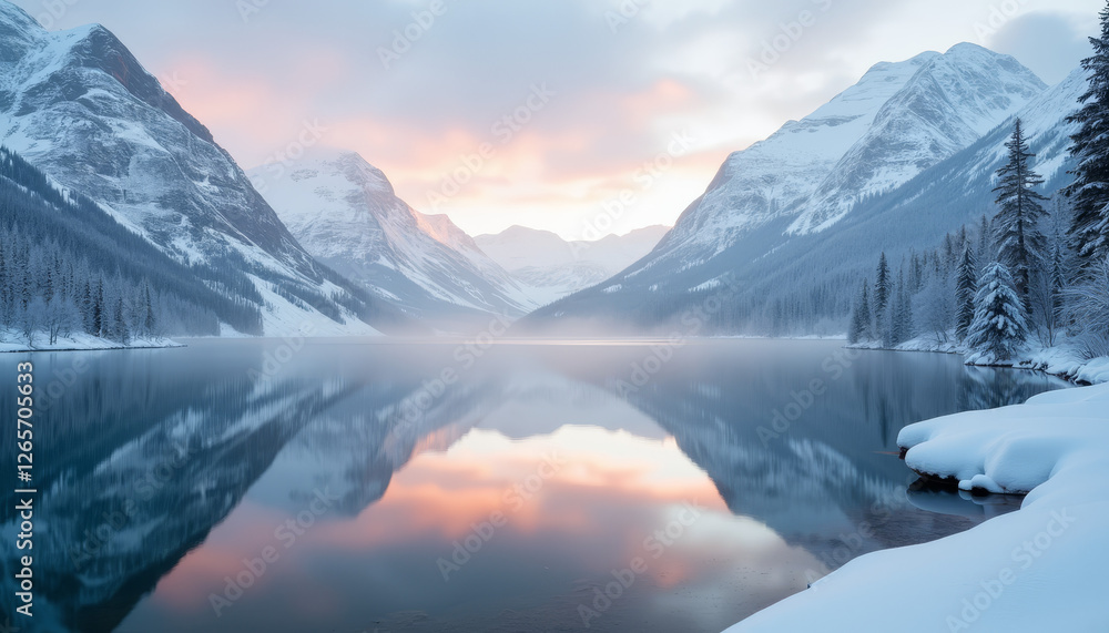 Tranquil snowy landscape reflecting at dawn, peace and serenity Tranquil snowy landscape reflecting at dawn, peace and serenity