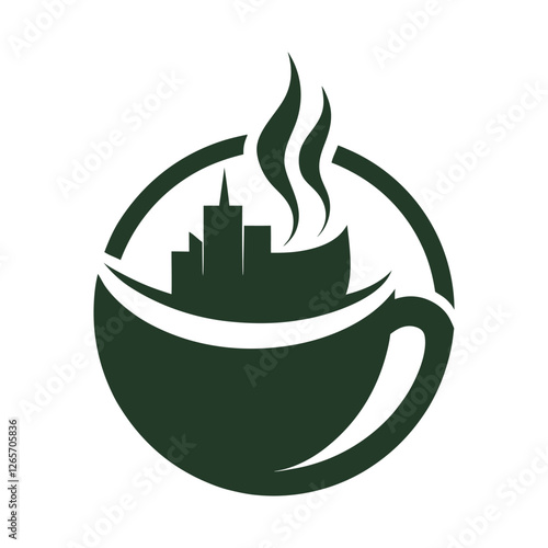 A modern vector logo featuring a coffee cup with a sleek city skyline inside it