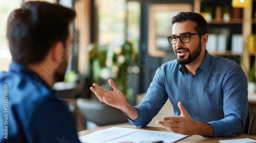 An Indian HR officer conducting a performance review with an employee in a professional office setting. The HR officer provides constructive feedback while the employee listens att