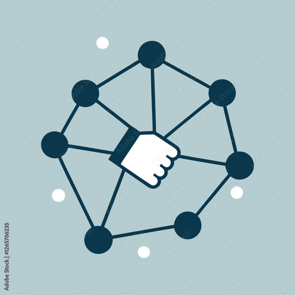 A network of nodes forming a handshake in the center, symbolizing digital collaboration and partnerships A network of nodes forming a handshake in the center, symbolizing digital collaboration and partnerships