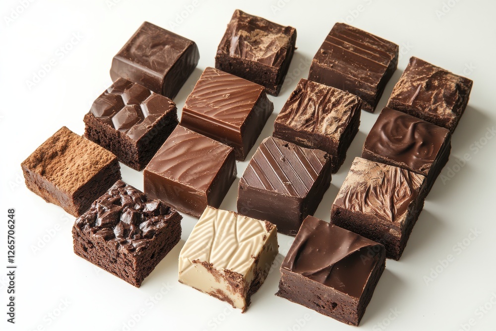 Delicious assortment of gourmet chocolate fudge squares arranged on a white background Delicious assortment of gourmet chocolate fudge squares arranged on a white background