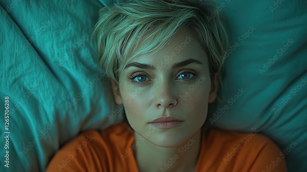 Portrait of woman laying on back on blue bed with blank and relaxed expression on face with soft lighting Portrait of woman laying on back on blue bed with blank and relaxed expression on face with soft lighting