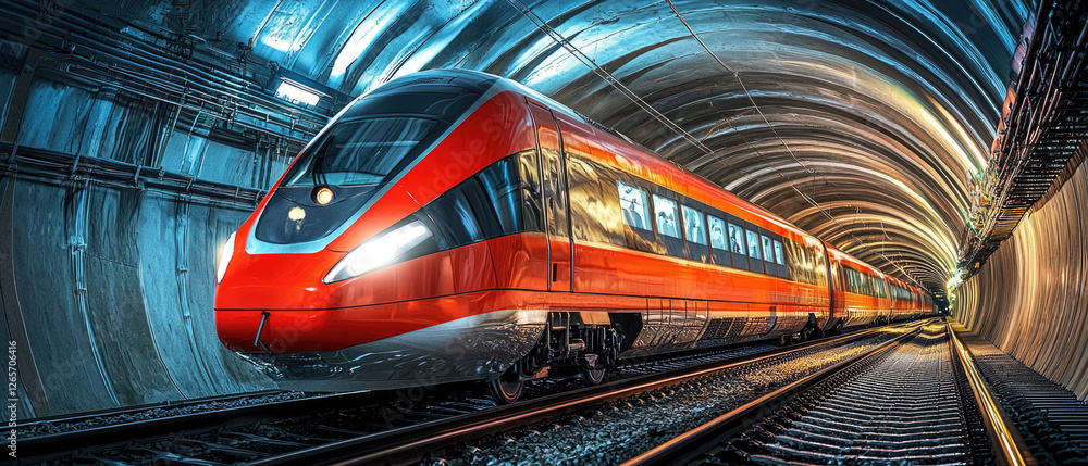 Fototapeta premium High-speed train entering a modern tunnel, showcasing dynamic lighting and rail infrastructure