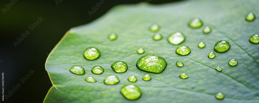 Fototapeta premium A close-up view of a green leaf adorned with glistening water droplets, showcasing nature's beauty and the freshness of the environment.