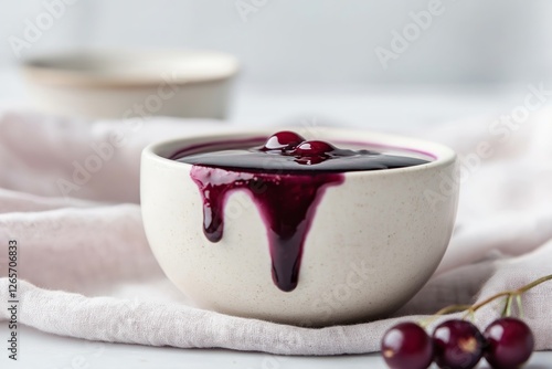 Delicious dessert featuring vanilla cream with mirror glaze and berry sauce in cup, garnished with fresh berries. Concept highlights dessert aesthetics and indulgence photo