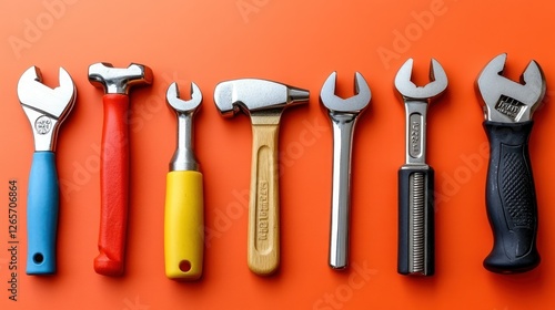 Wallpaper Mural Assorted tools, various sizes, orange background, workshop scene Torontodigital.ca