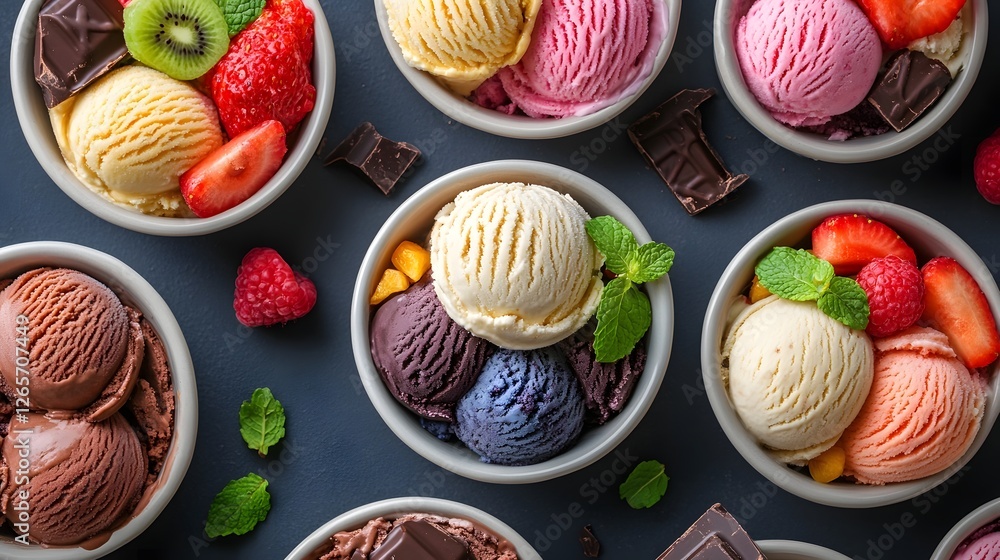 Visually Appealing Assortment of Vibrant Ice Cream Scoops with Fresh Fruit and Chocolate Toppings Visually Appealing Assortment of Vibrant Ice Cream Scoops with Fresh Fruit and Chocolate Toppings