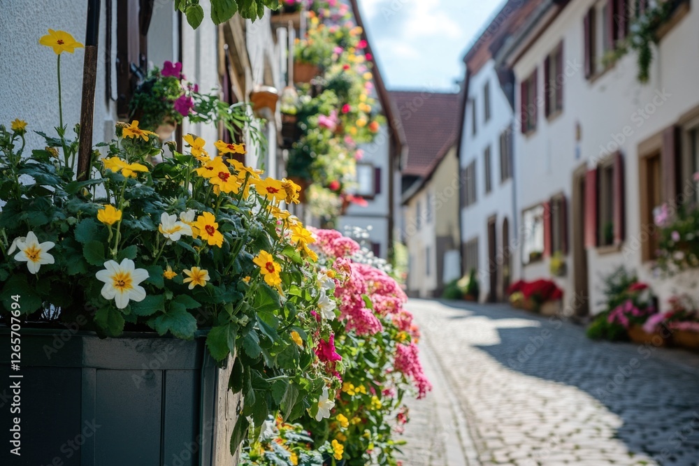 Fototapeta premium A picturesque scene of a cobblestone street lined with vibrant flowers, perfect for use in travel or lifestyle photography