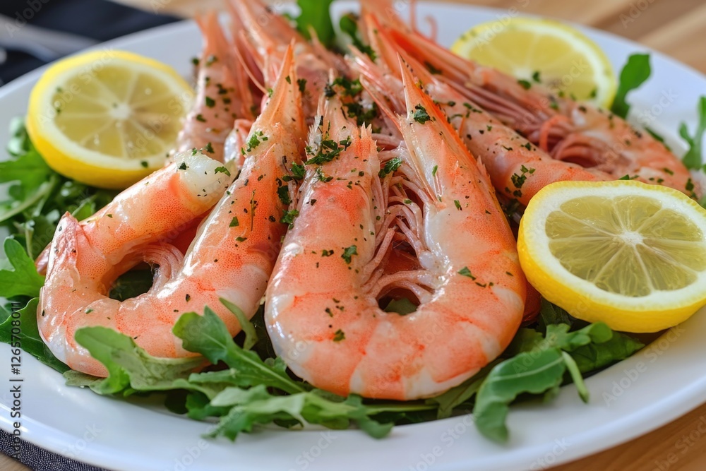 Fresh seafood dish with succulent shrimp served with a squeeze of lemon juice Fresh seafood dish with succulent shrimp served with a squeeze of lemon juice