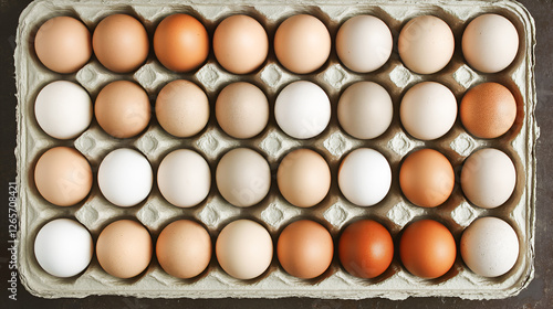 brown chicken eggs in egg box isolated on white background, top view photo