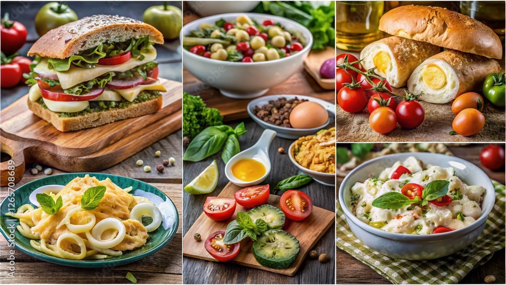 Diverse European Cuisine Collage: Greek Salad, English Breakfast, Scrambled Eggs, Sandwich & Pesto Pasta Diverse European Cuisine Collage: Greek Salad, English Breakfast, Scrambled Eggs, Sandwich & Pesto Pasta