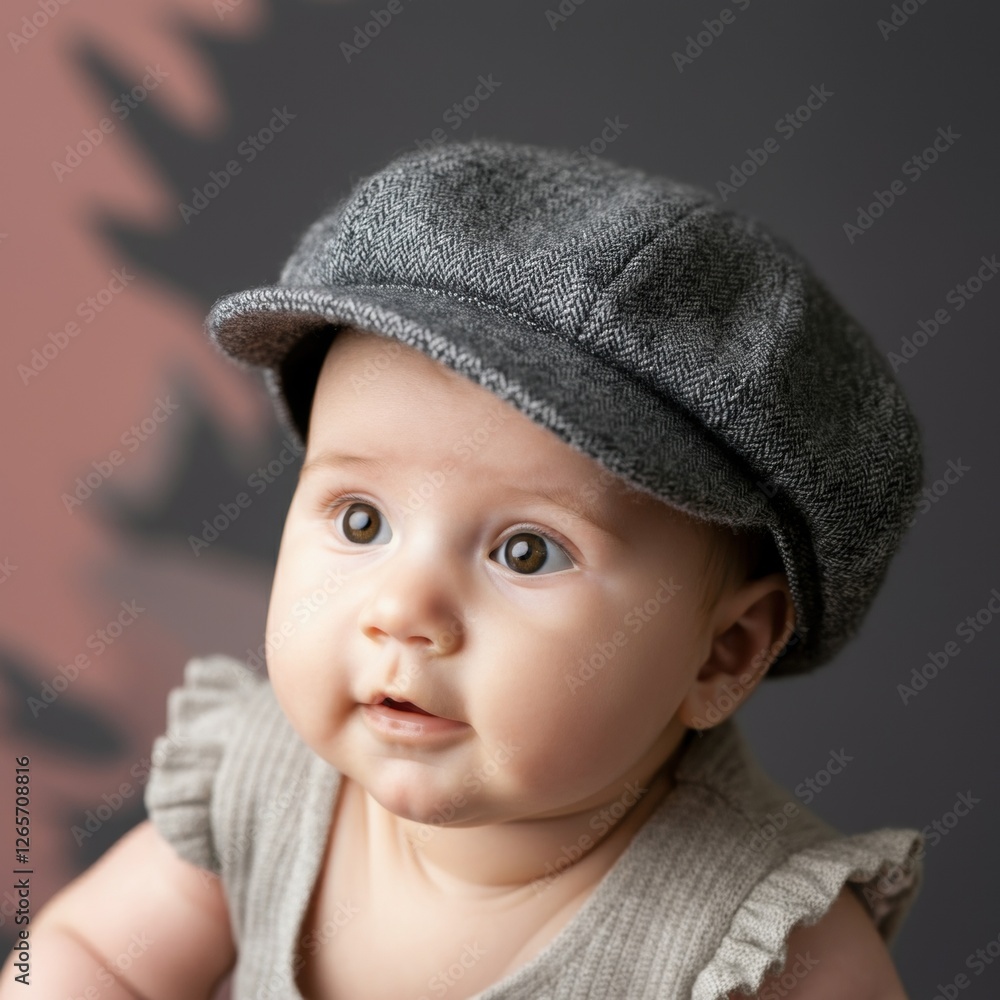 Adorable caucasian baby in cap with curious expression Adorable caucasian baby in cap with curious expression
