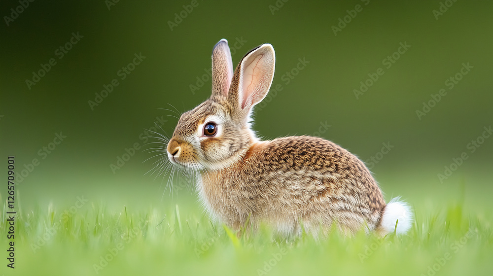 An Eastern Cottontail Rabbit (Sylvilagus floridanus) hopping through the lush grassy field in British Columbia, Canada. The rabbit blends perfectly with its natural environment, sh An Eastern Cottontail Rabbit (Sylvilagus floridanus) hopping through the lush grassy field in British Columbia, Canada. The rabbit blends perfectly with its natural environment, sh