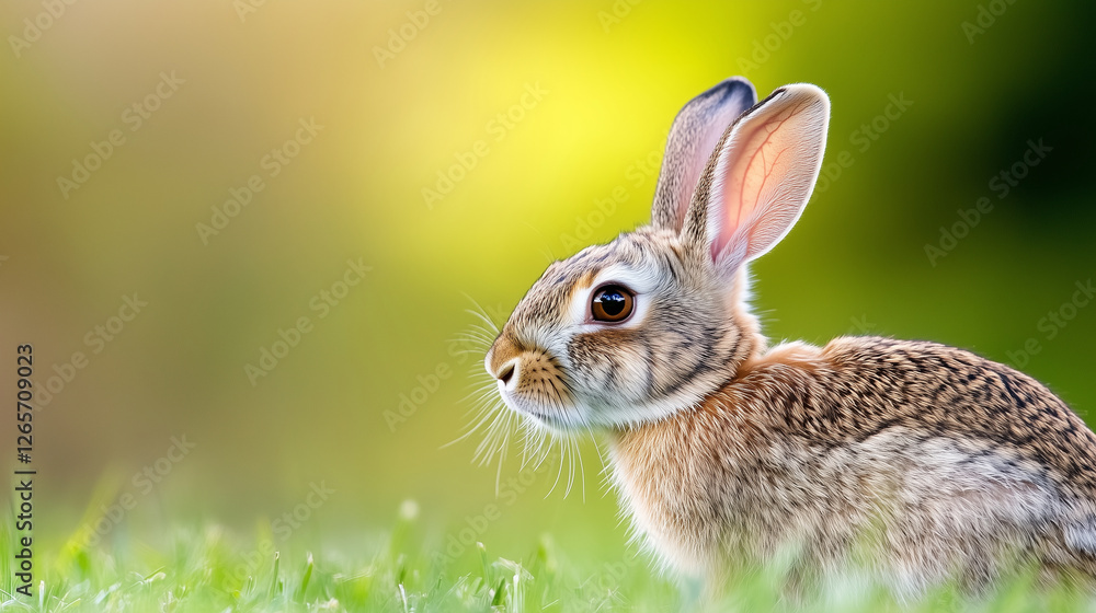 Fototapeta premium A close-up of an Eastern Cottontail Rabbit (Sylvilagus floridanus) in the wild, grazing in an expansive grassy meadow in British Columbia. The rabbitâs keen eyes scan the surroundi