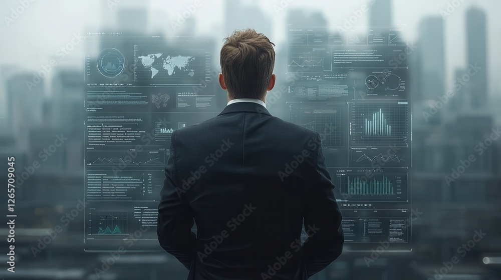 Business Professional Analyzing Data Trends and Insights with Futuristic Technology in Cityscape Background Business Professional Analyzing Data Trends and Insights with Futuristic Technology in Cityscape Background