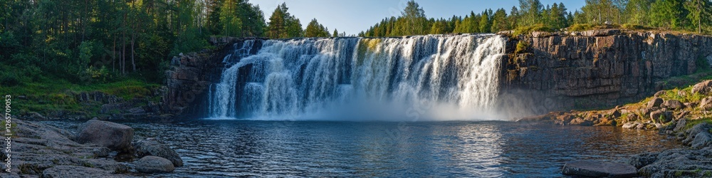 Fototapeta premium A large waterfall flows down the mountain side, surrounded by lush greenery