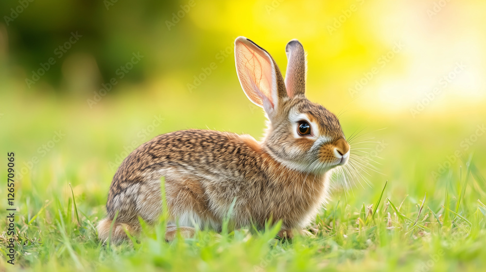 A curious Eastern Cottontail Rabbit (Sylvilagus floridanus) resting in the open grassy field of British Columbia, Canada, with its distinctive fluffy tail and alert posture, blendi A curious Eastern Cottontail Rabbit (Sylvilagus floridanus) resting in the open grassy field of British Columbia, Canada, with its distinctive fluffy tail and alert posture, blendi