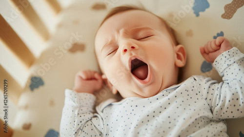 A funny, emotional newborn baby boy yawning as he sleeps soundly in his crib. The moment captures the joy of motherhood and the innocence of early childhood, ideal for infant produ photo