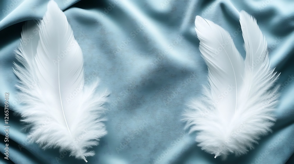 Obraz premium Two White Feathers Resting on Soft Blue Fabric