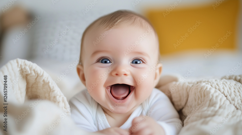 A newborn baby girl, with her bright blue eyes wide open, laughs joyfully while lying on her back on a cozy bed. Her giggles capture the essence of early childhood joy, with the pe A newborn baby girl, with her bright blue eyes wide open, laughs joyfully while lying on her back on a cozy bed. Her giggles capture the essence of early childhood joy, with the pe