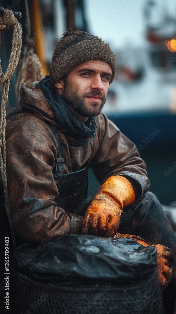 Fototapeta premium A portrait of a young fisherman in protective gear with dirty gloves on the deck of a fishing vessel – harsh maritime life and hard labor.