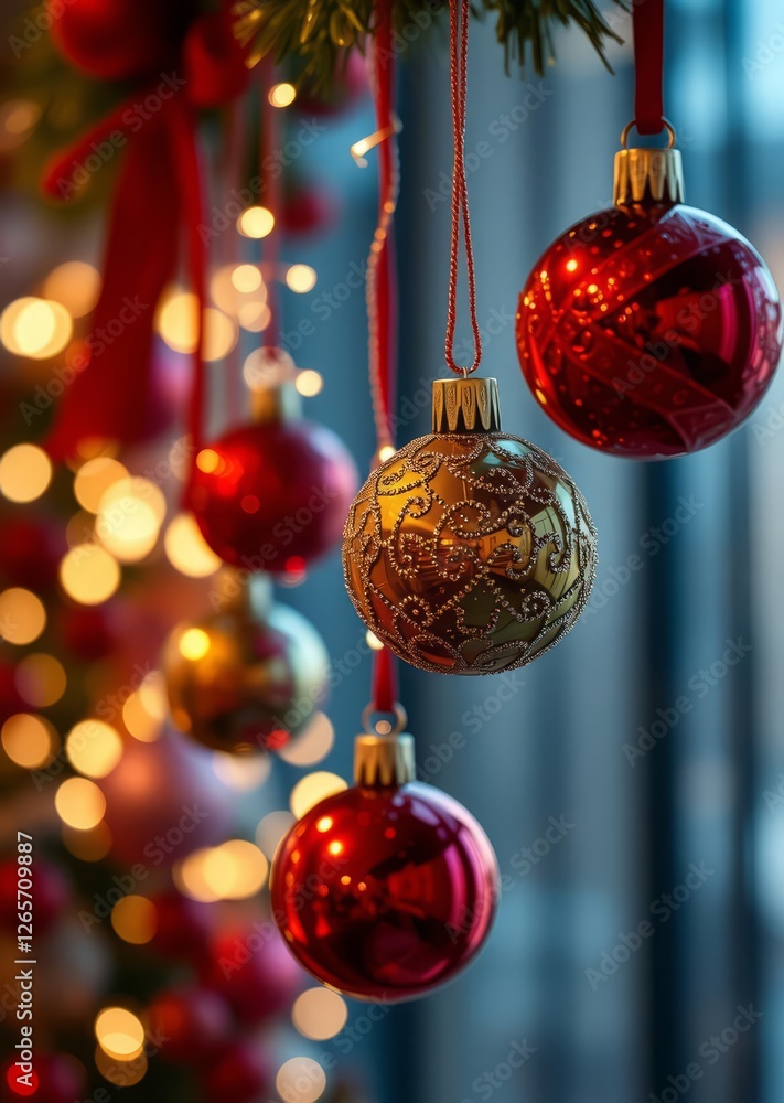 Hanging festive ornaments with sparkling bokeh effect bokeh red bokeh abstract background glow design light texture effect sparkle Hanging festive ornaments with sparkling bokeh effect bokeh red bokeh abstract background glow design light texture effect sparkle