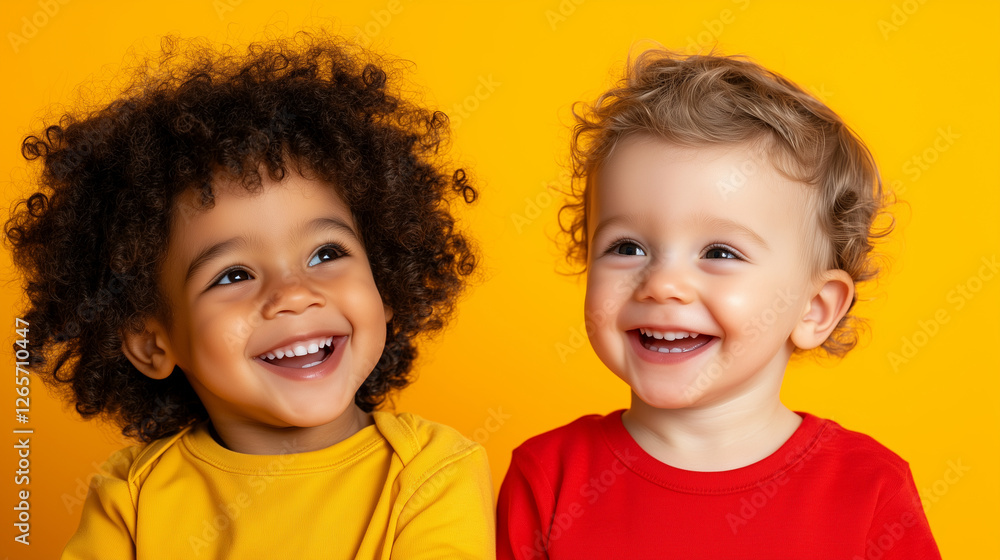 Adorable toddlers with curly hair and soft cheeks sitting side by side on a warm-toned background, their cheerful smiles and playful demeanor capturing the essence of childhood joy Adorable toddlers with curly hair and soft cheeks sitting side by side on a warm-toned background, their cheerful smiles and playful demeanor capturing the essence of childhood joy