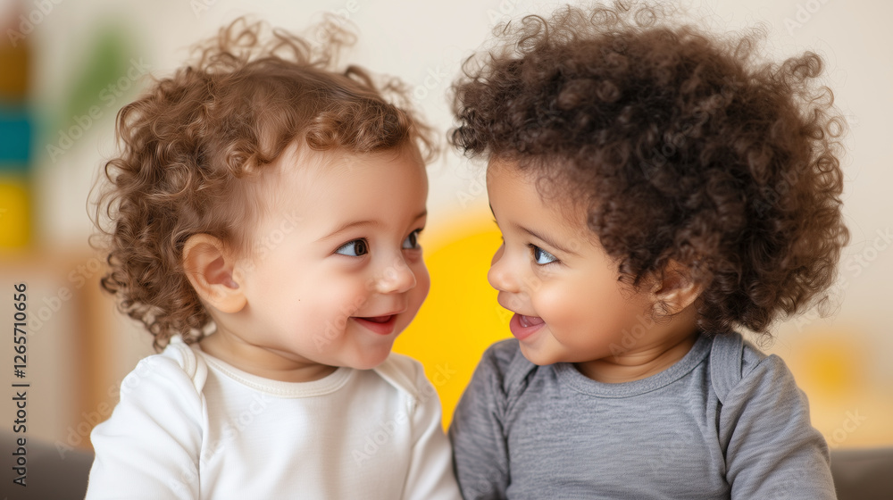Two sweet toddlers with curly hair and soft, rosy cheeks sit close together on a warm-toned background, radiating innocence and joy as they share a moment of bonding and affection. Two sweet toddlers with curly hair and soft, rosy cheeks sit close together on a warm-toned background, radiating innocence and joy as they share a moment of bonding and affection.