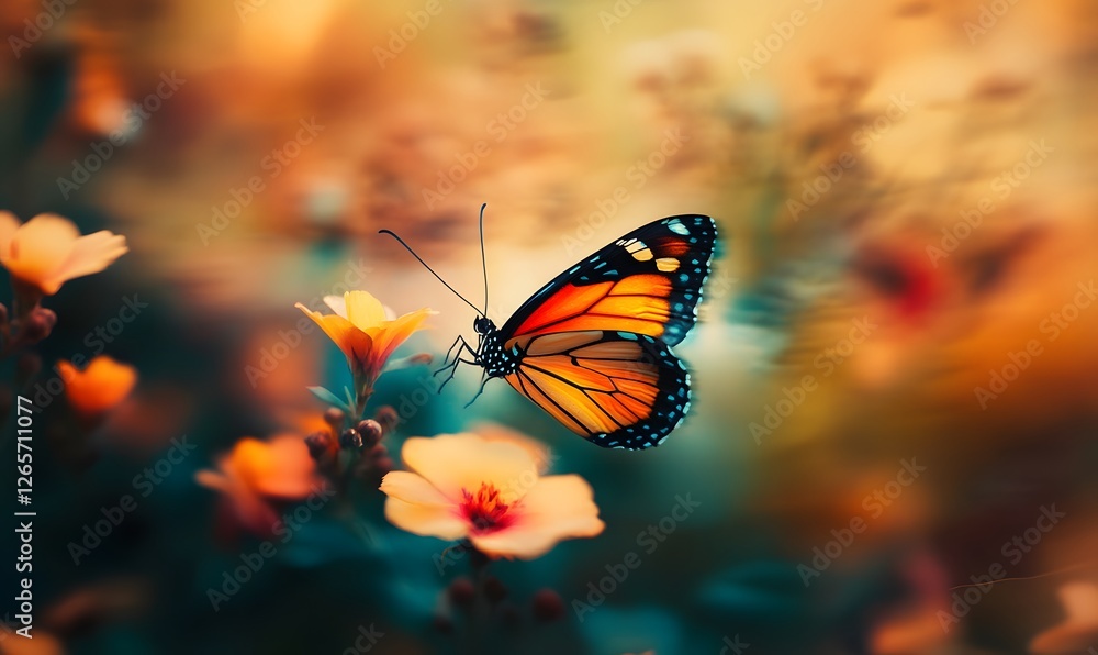 A vibrantly colored butterfly rests among delicate peach colored flowers in soft lighting A vibrantly colored butterfly rests among delicate peach colored flowers in soft lighting
