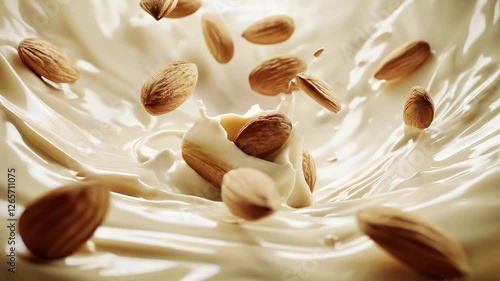 A creamy milk swirl with splashes gently enveloping the almonds inside, slow motion video