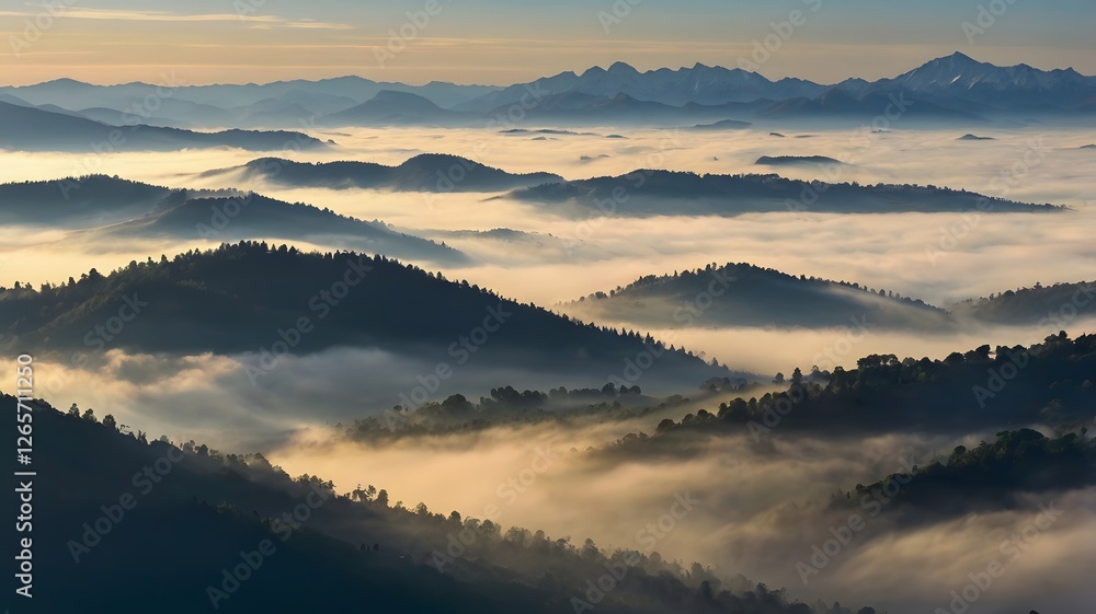 Fototapeta premium Misty mountains glow at dawn under a vibrant sunrise sky