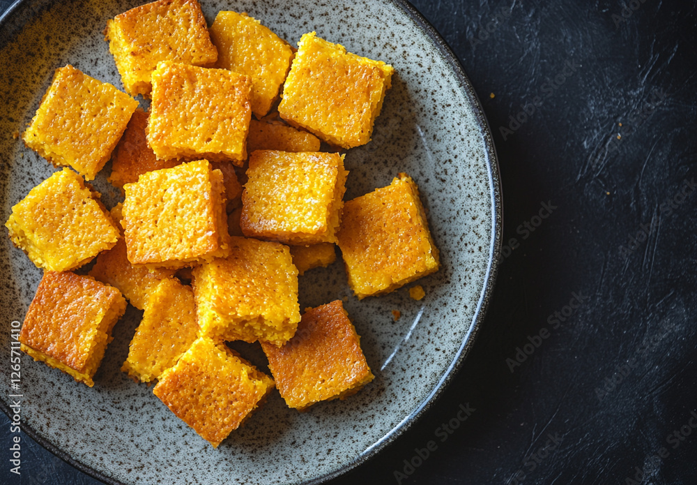 A Plate of Soft Square Cornbread Pieces, Top-Down Food Shot A Plate of Soft Square Cornbread Pieces, Top-Down Food Shot