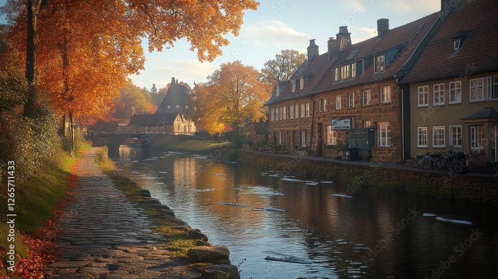 Autumn canal scene with historic buildings and pathway Autumn canal scene with historic buildings and pathway