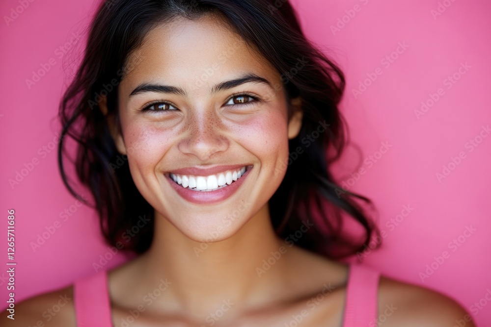 A young woman smiling against a bright pink background A young woman smiling against a bright pink background