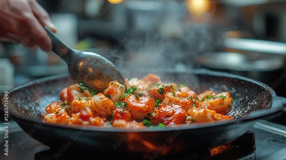 Pan-seared seafood in a hot skillet – a flavorful dish with spices and herbs, cooked over an open flame. Pan-seared seafood in a hot skillet – a flavorful dish with spices and herbs, cooked over an open flame.